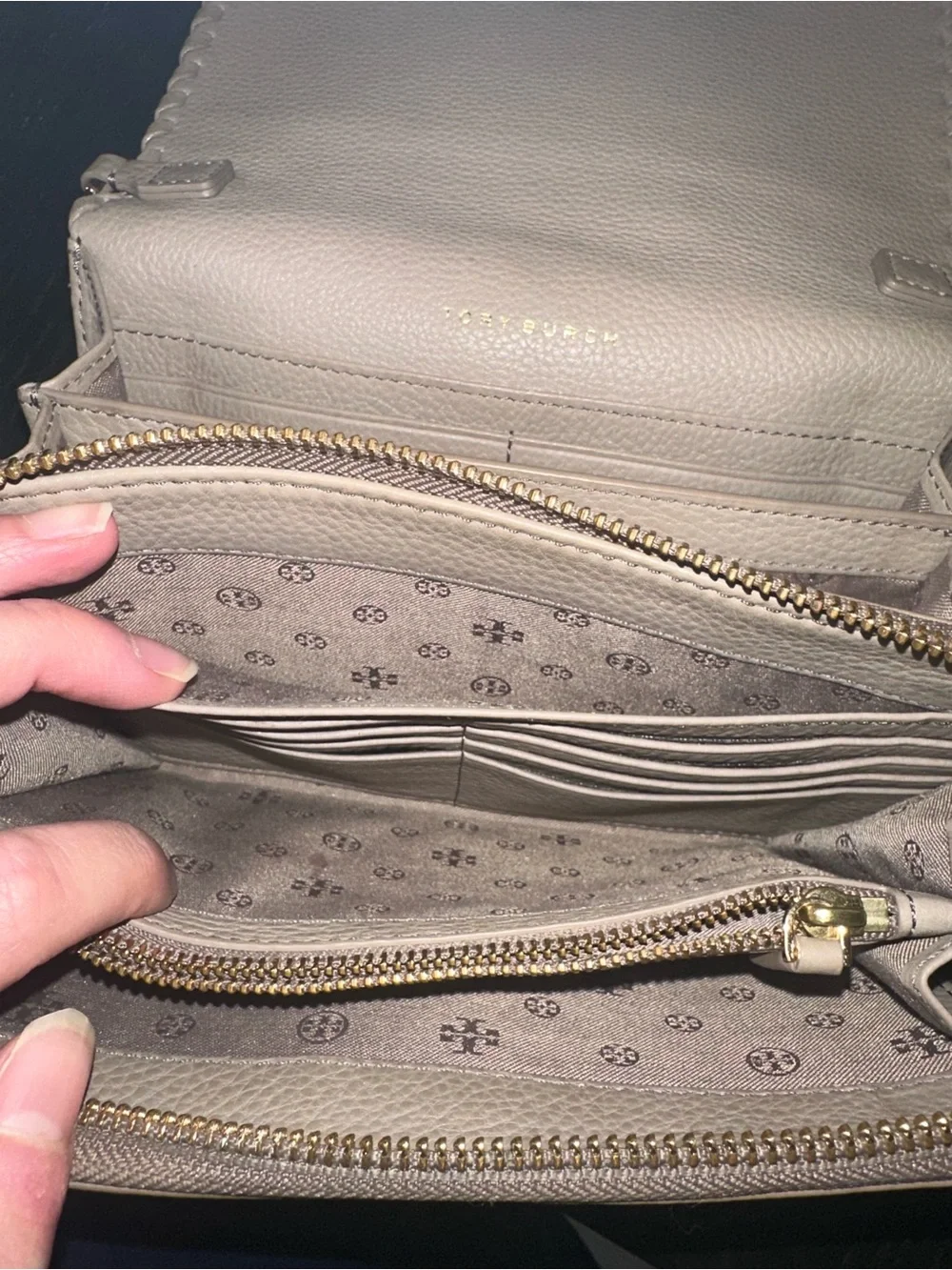 Tory Burch Taupe Leather Crossbody with Whipstitch Detail